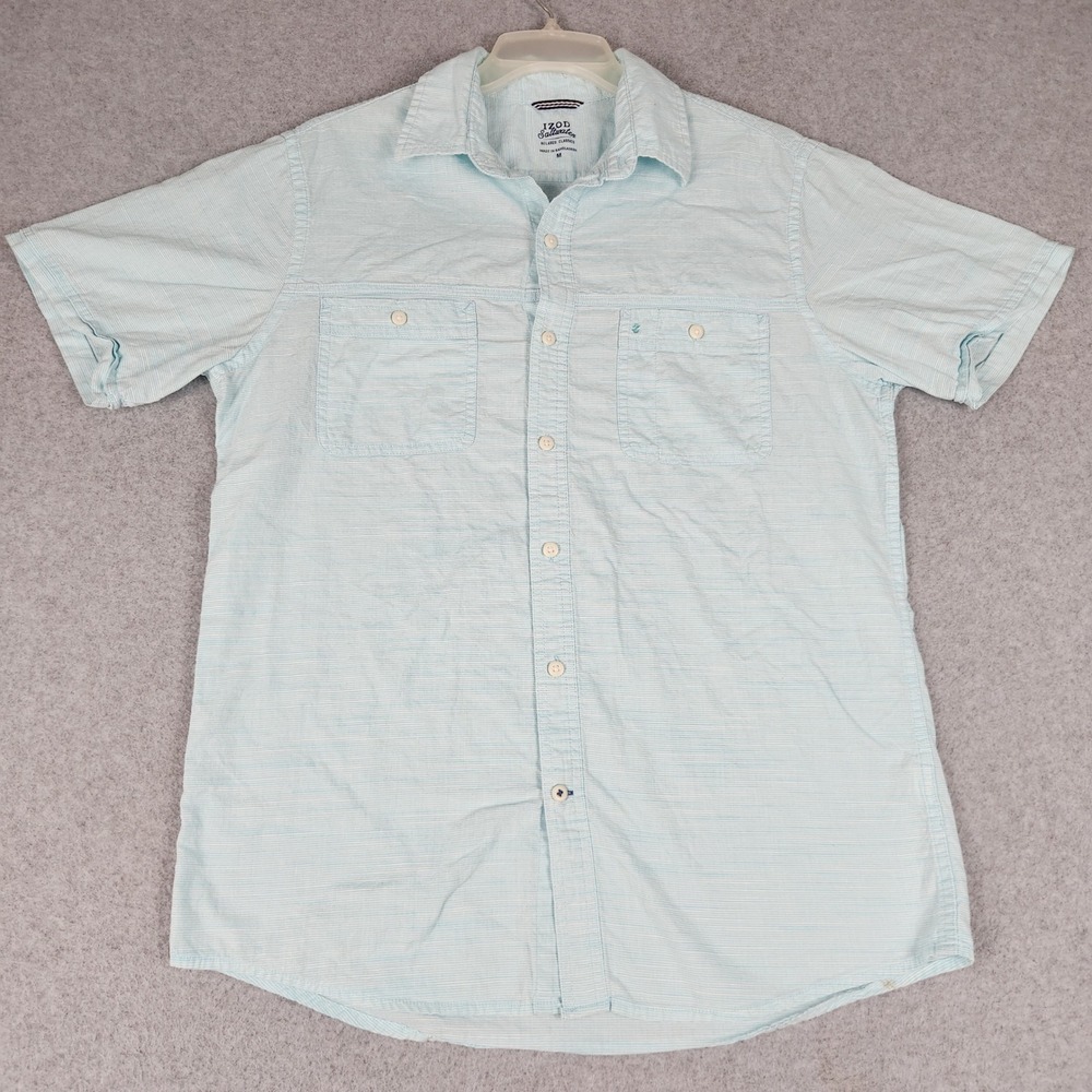 IZOD Saltwater Shirt Mens M Blue Striped Relaxed Classics Short Sleeve Button Up